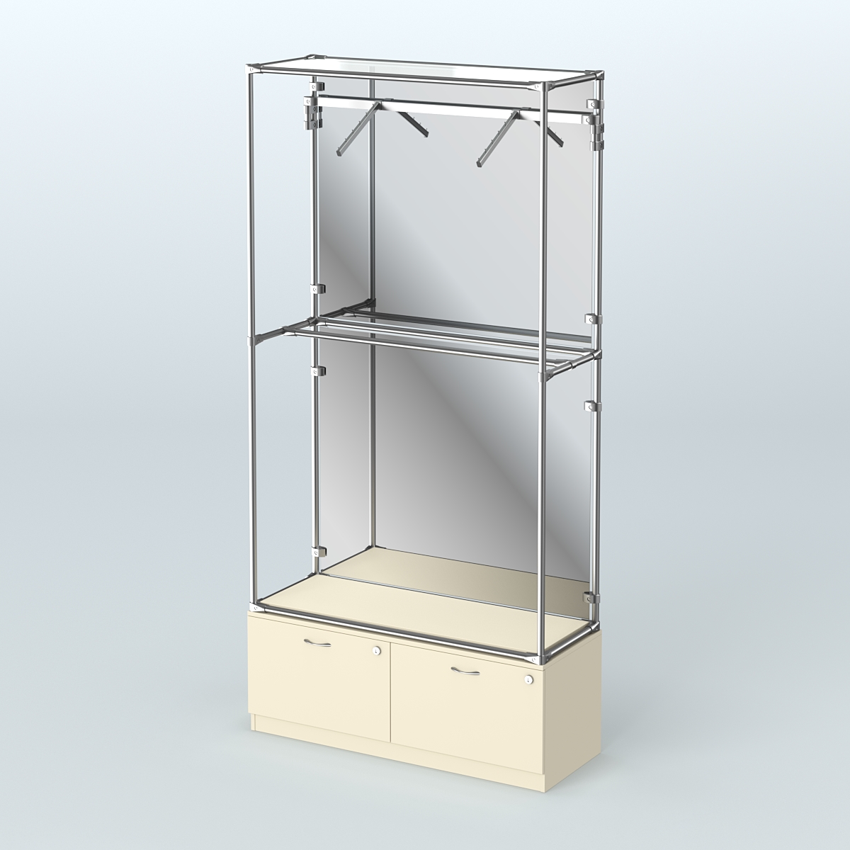 Торговая система ХРОМ (задняя стенка - зеркало) 1200 мм №4-3 с тумбой Т-15 и поручнями Крем Вайс
