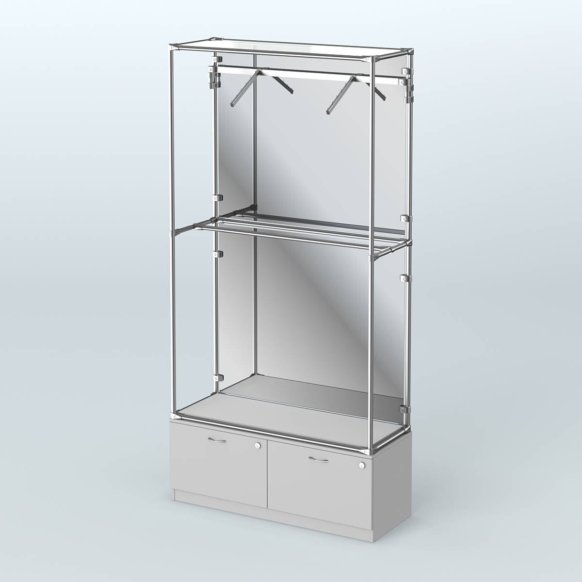 Торговая система ХРОМ (задняя стенка - зеркало) 1200 мм №4-3 с тумбой Т-15 и поручнями Серый