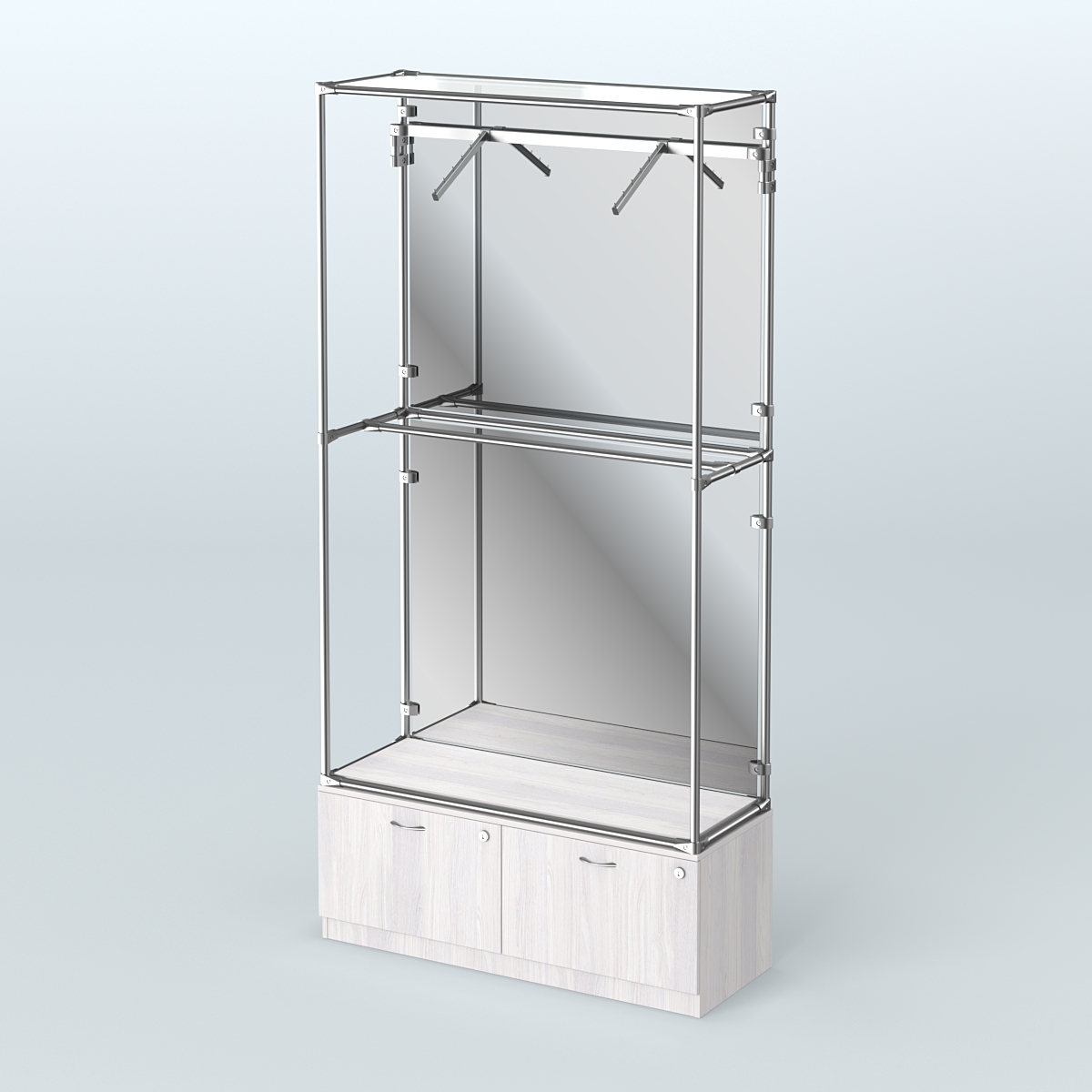 Торговая система ХРОМ (задняя стенка - зеркало) 1200 мм №4-3 с тумбой Т-15 и поручнями Ясень Анкор светлый