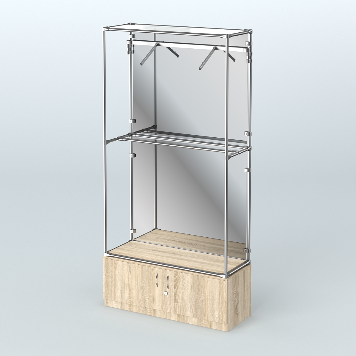 Торговая система ХРОМ (задняя стенка - зеркало) 1200 мм №4-4 с тумбой Т-21 и поручнями Дуб Сонома