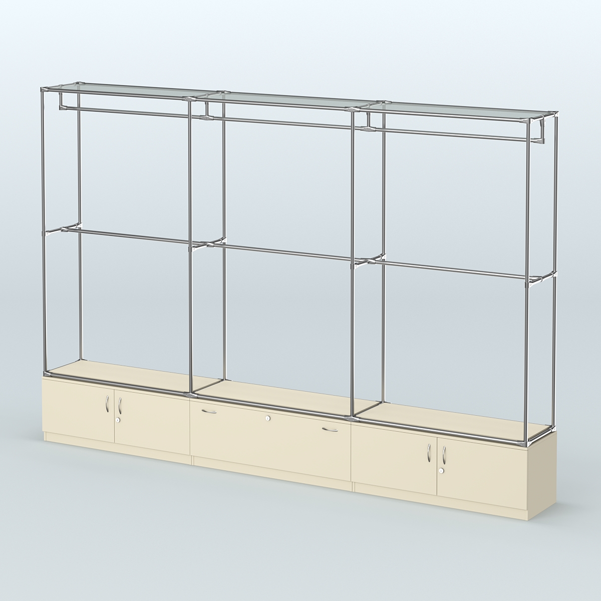 Торговая система ХРОМ без ДСП 3600 мм №1 с тумбами Т-11, Т-21 и поручнями Крем Вайс