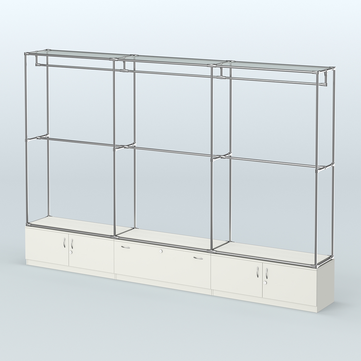 Торговая система ХРОМ без ДСП 3600 мм №1 с тумбами Т-11, Т-21 и поручнями Белый