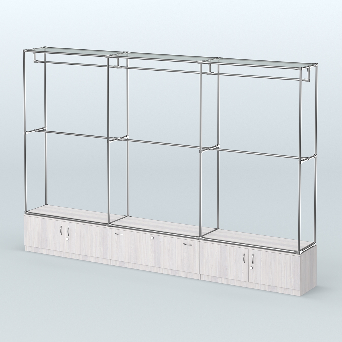 Торговая система ХРОМ без ДСП 3600 мм №1 с тумбами Т-11, Т-21 и поручнями Ясень Анкор светлый