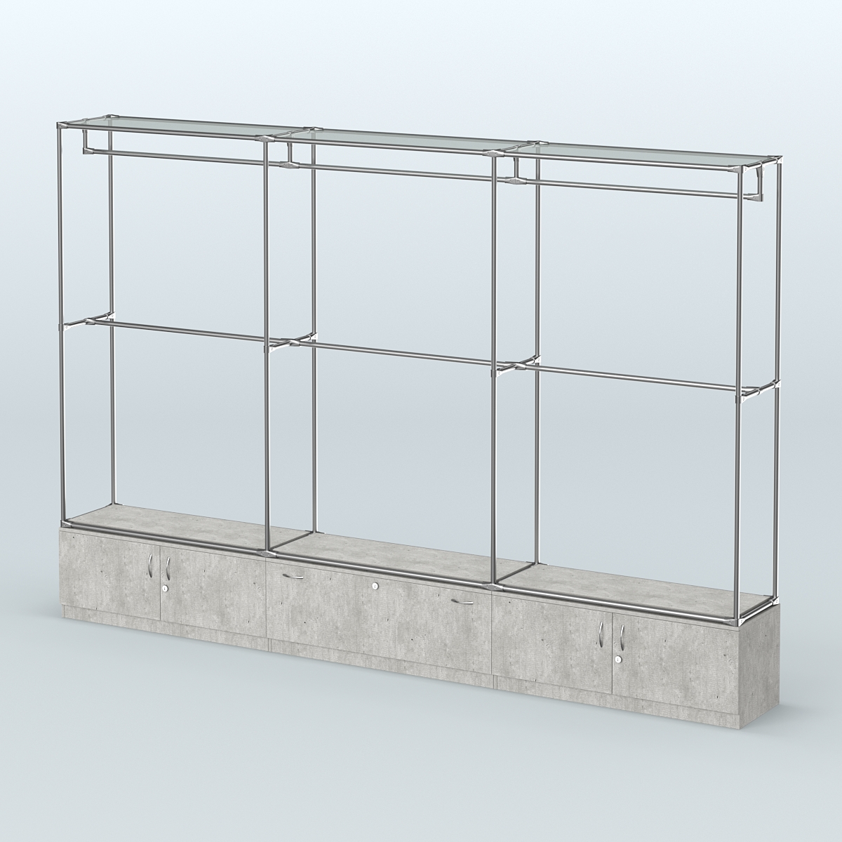 Торговая система ХРОМ без ДСП 3600 мм №1 с тумбами Т-11, Т-21 и поручнями Метрополитан Грей