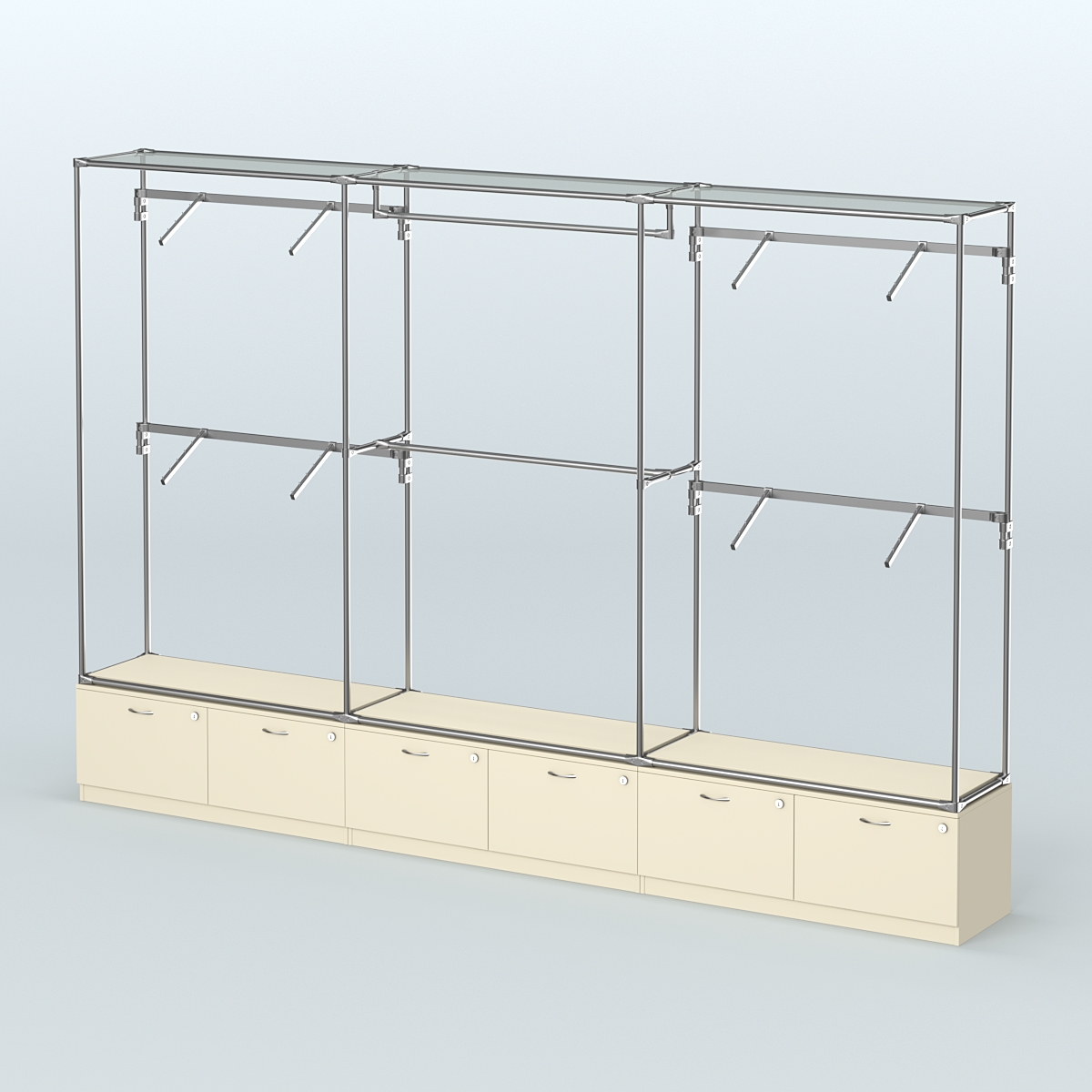 Торговая система ХРОМ без ДСП 3600 мм №2 с тумбами Т-15 и поручнями Крем Вайс