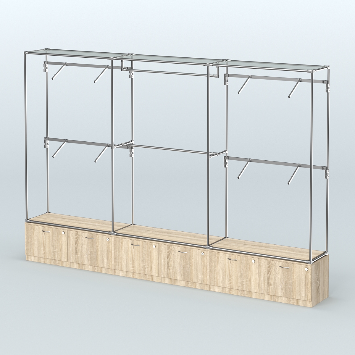 Торговая система ХРОМ без ДСП 3600 мм №2 с тумбами Т-15 и поручнями Дуб Сонома