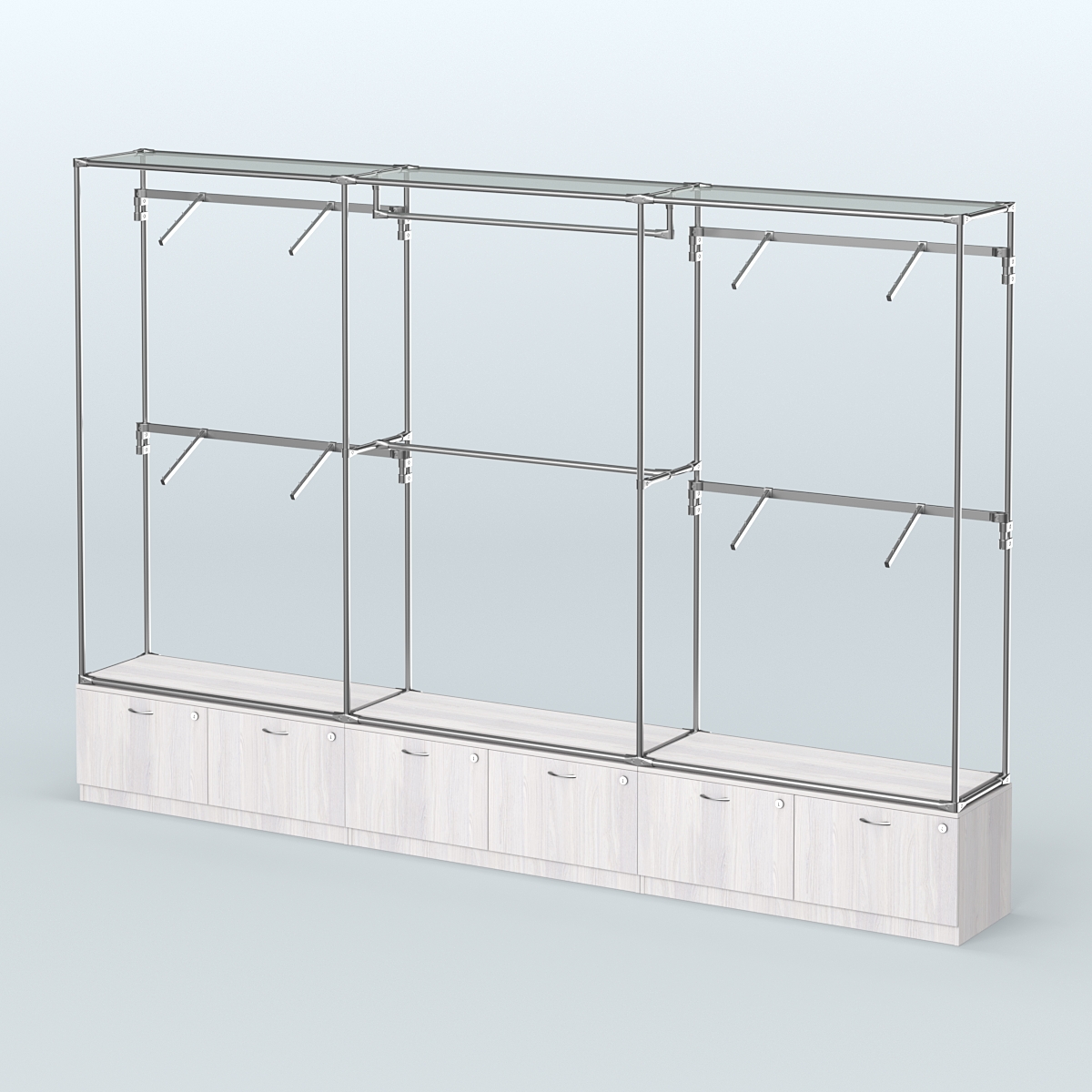 Торговая система ХРОМ без ДСП 3600 мм №2 с тумбами Т-15 и поручнями Ясень Анкор светлый