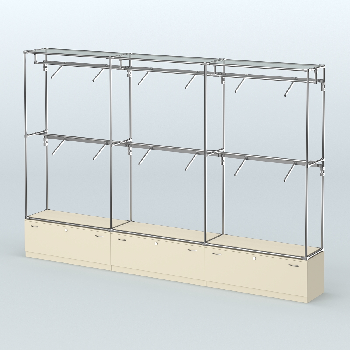 Торговая система ХРОМ без ДСП 3600 мм №3 с тумбами Т-11 и поручнями Крем Вайс