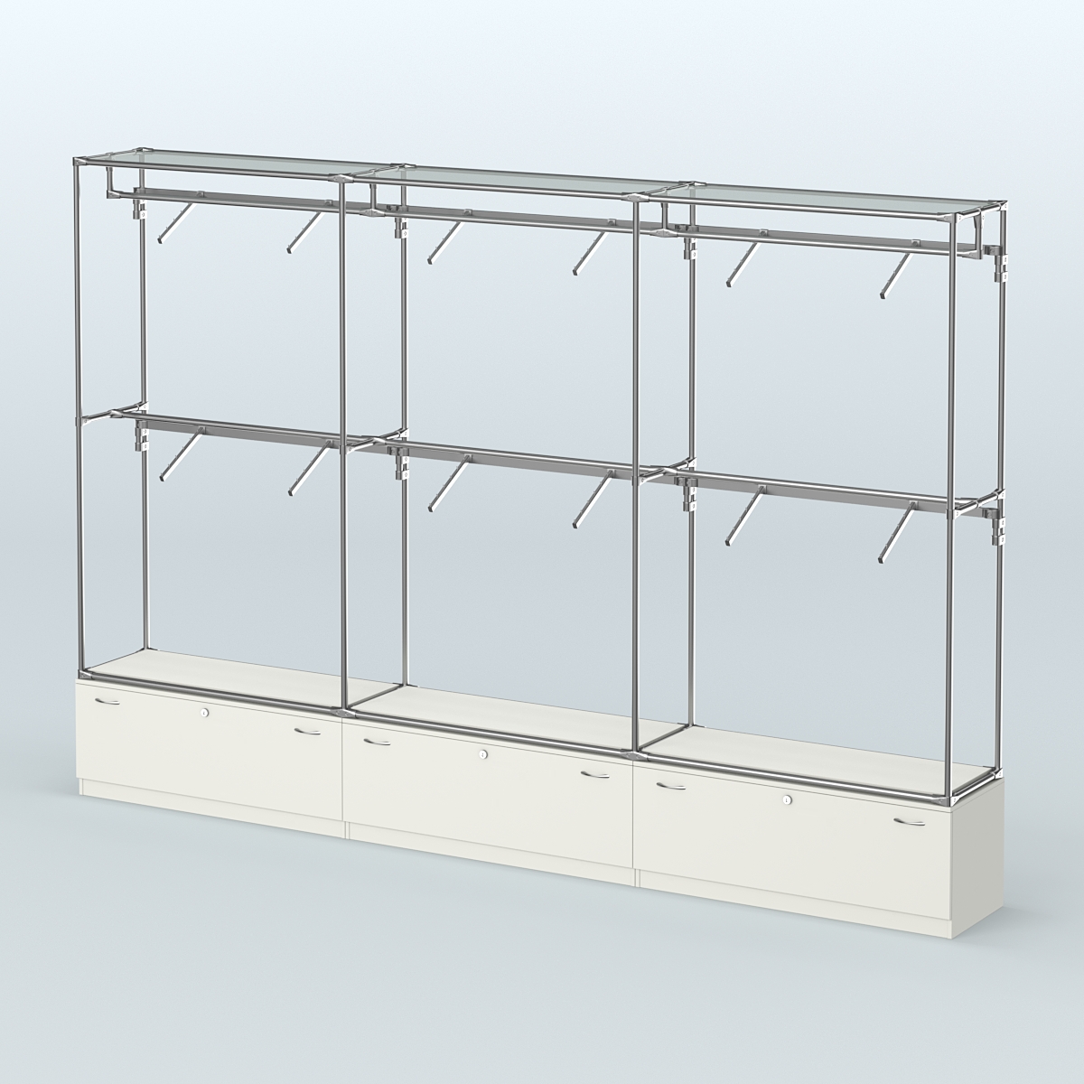 Торговая система ХРОМ без ДСП 3600 мм №3 с тумбами Т-11 и поручнями Белый