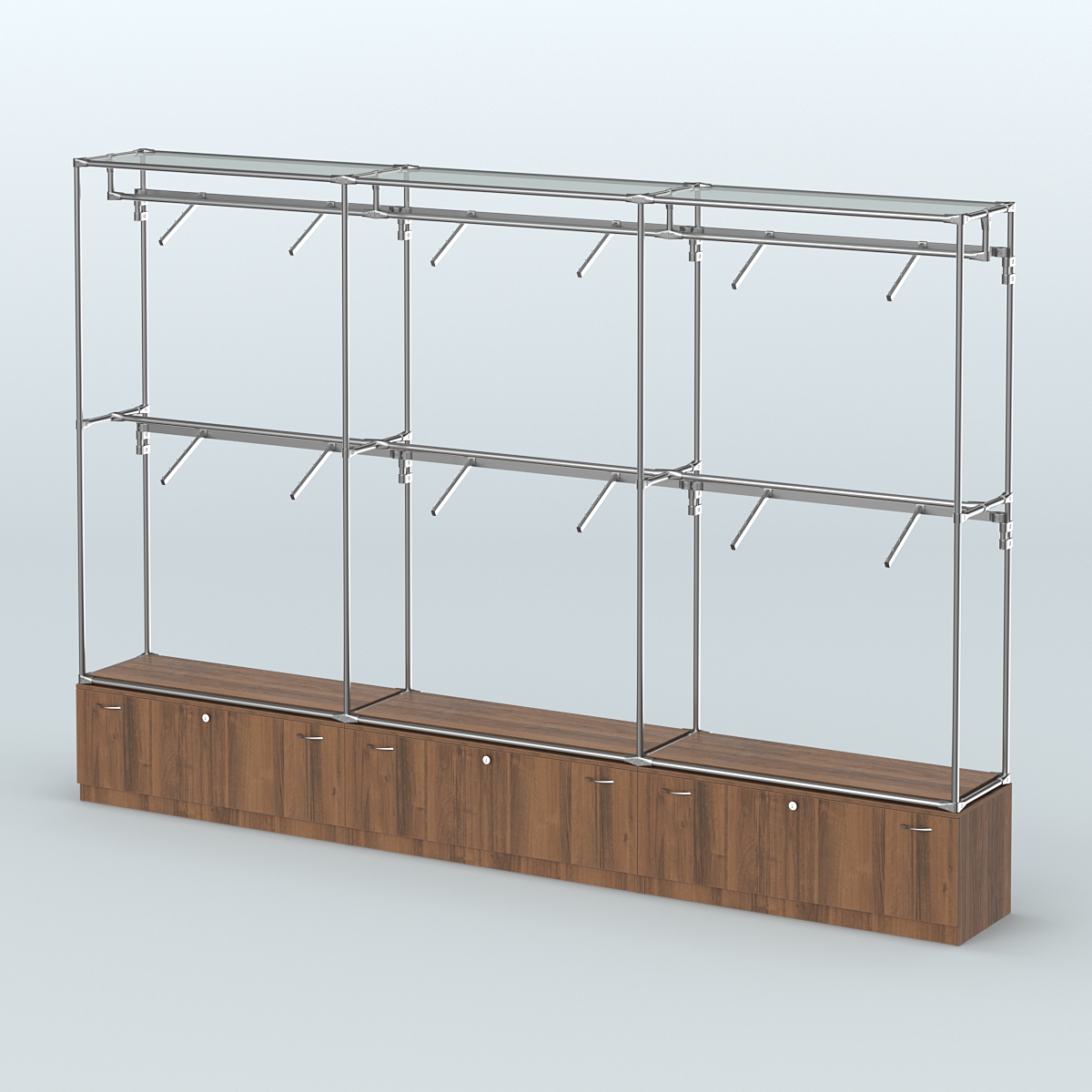 Торговая система ХРОМ без ДСП 3600 мм №3 с тумбами Т-11 и поручнями Орех