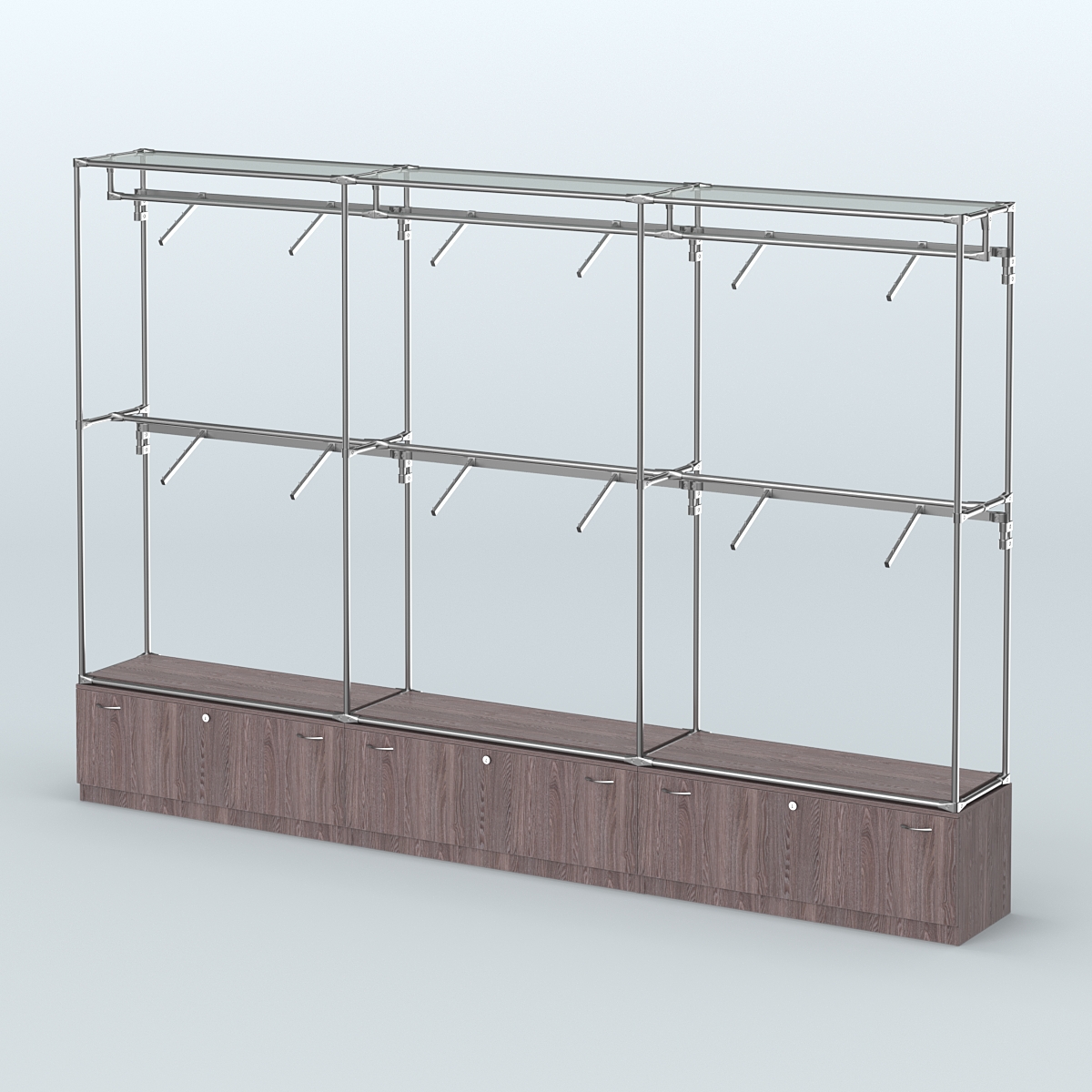 Торговая система ХРОМ без ДСП 3600 мм №3 с тумбами Т-11 и поручнями Ясень Анкор темный