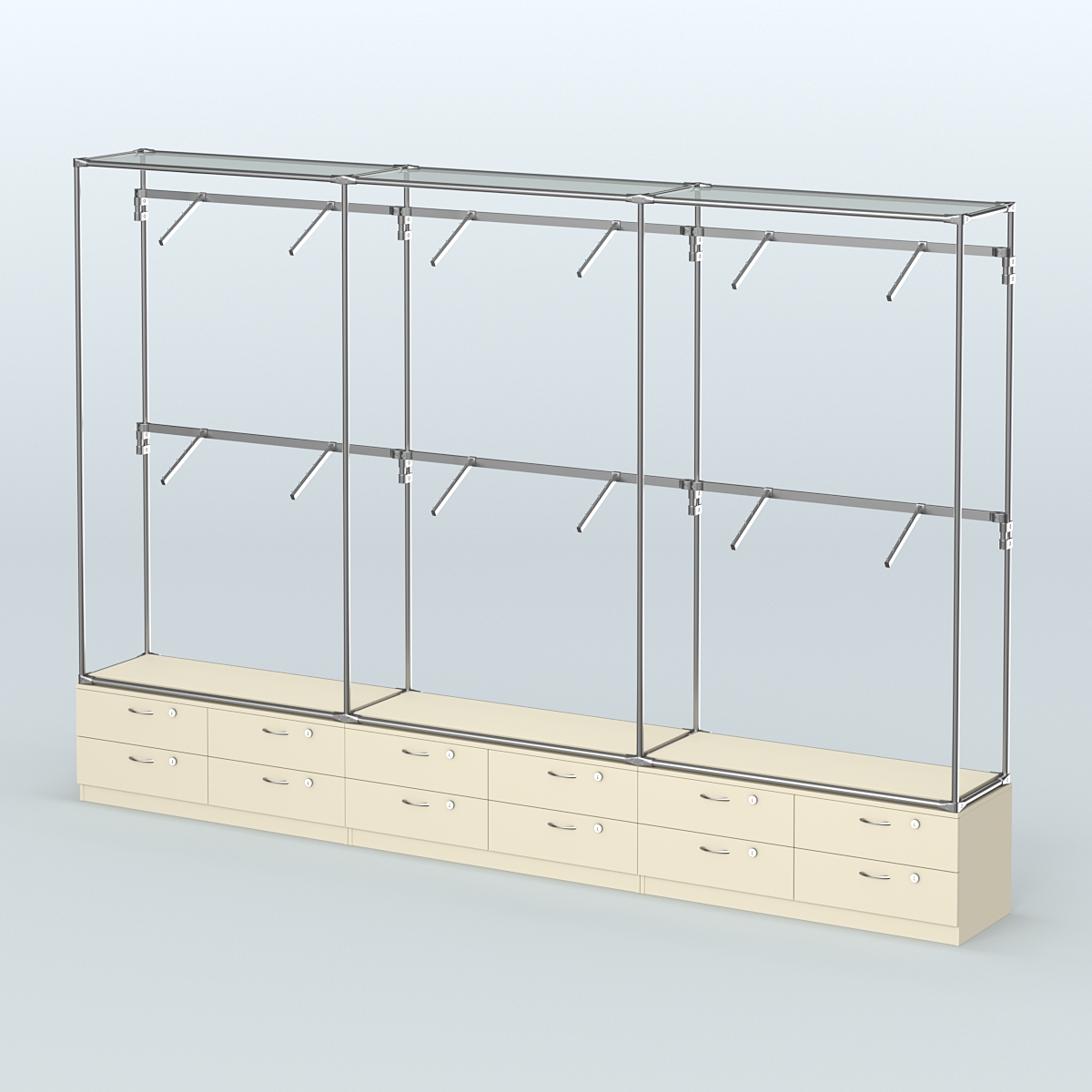 Торговая система ХРОМ без ДСП 3600 мм №4 с тумбами Т-14 и поручнями Крем Вайс