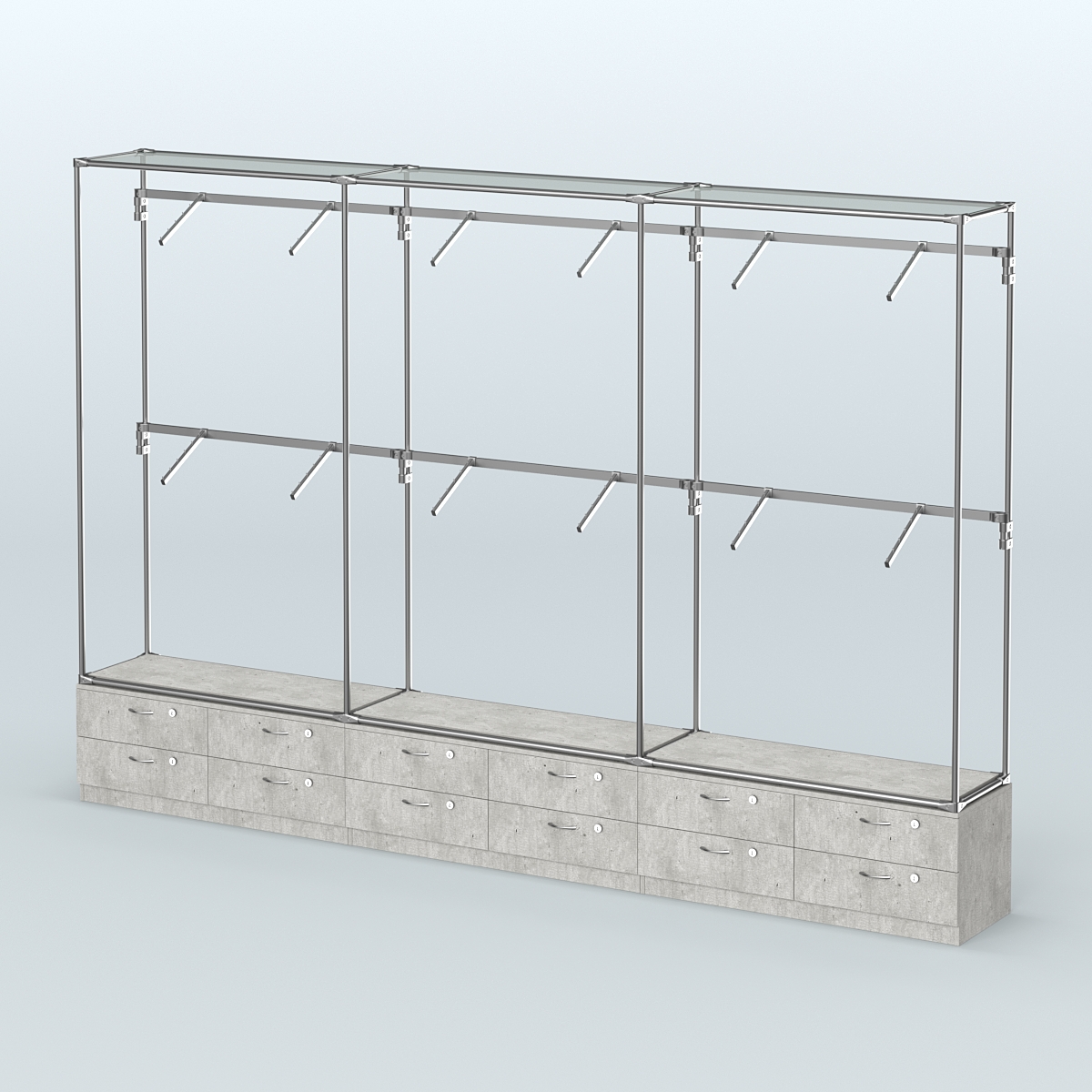 Торговая система ХРОМ без ДСП 3600 мм №4 с тумбами Т-14 и поручнями Метрополитан Грей