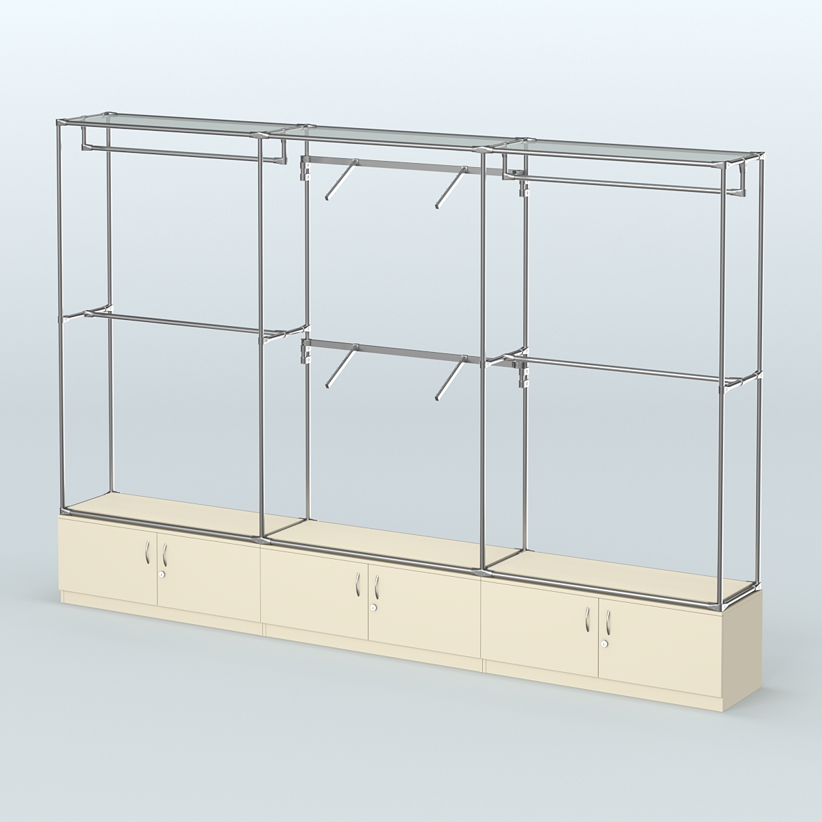 Торговая система ХРОМ без ДСП 3600 мм №5 с тумбами Т-21 и поручнями Крем Вайс