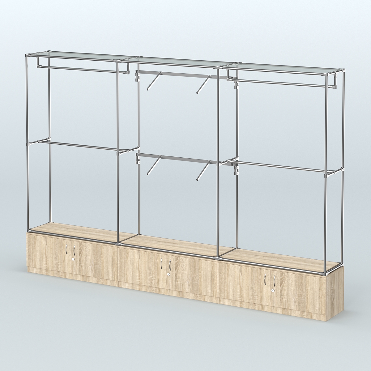 Торговая система ХРОМ без ДСП 3600 мм №5 с тумбами Т-21 и поручнями Дуб Сонома