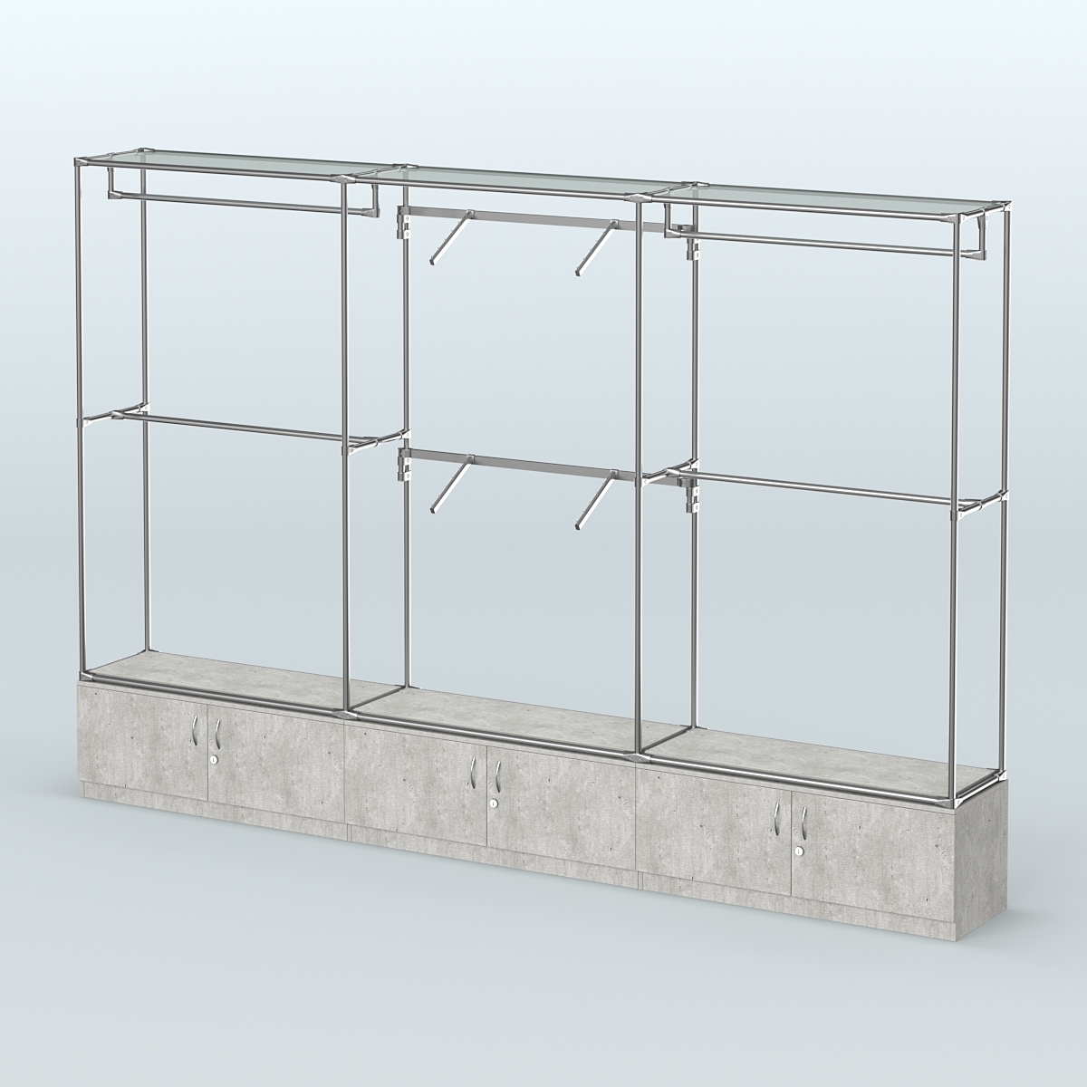 Торговая система ХРОМ без ДСП 3600 мм №5 с тумбами Т-21 и поручнями Метрополитан Грей