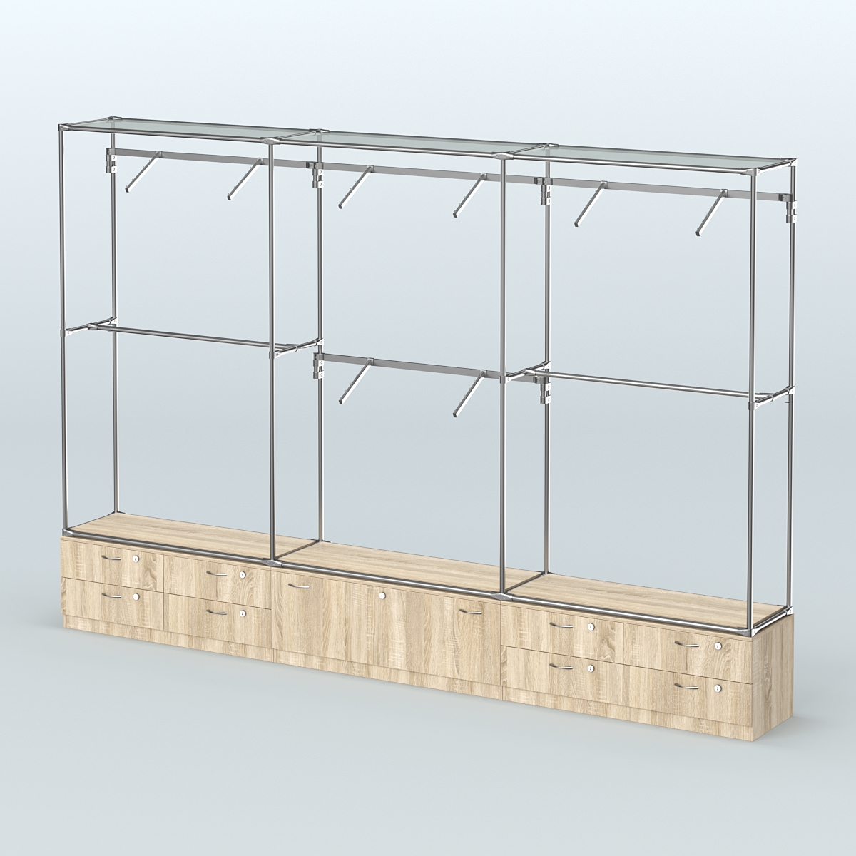 Торговая система ХРОМ без ДСП 3600 мм №6 с тумбами Т-11, Т-14 и поручнями Дуб Сонома