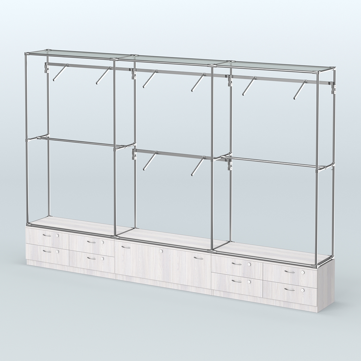 Торговая система ХРОМ без ДСП 3600 мм №6 с тумбами Т-11, Т-14 и поручнями Ясень Анкор светлый