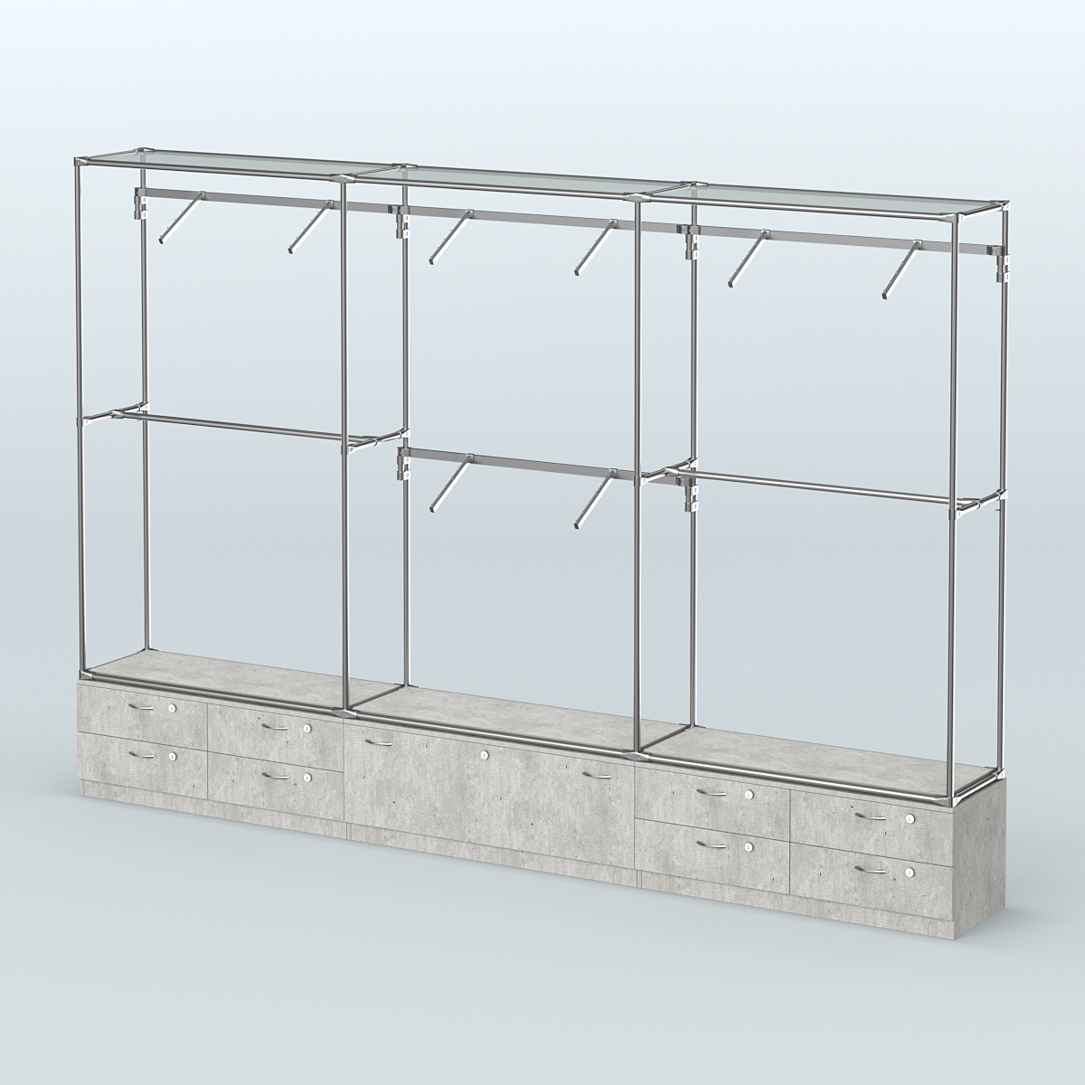 Торговая система ХРОМ без ДСП 3600 мм №6 с тумбами Т-11, Т-14 и поручнями Метрополитан Грей