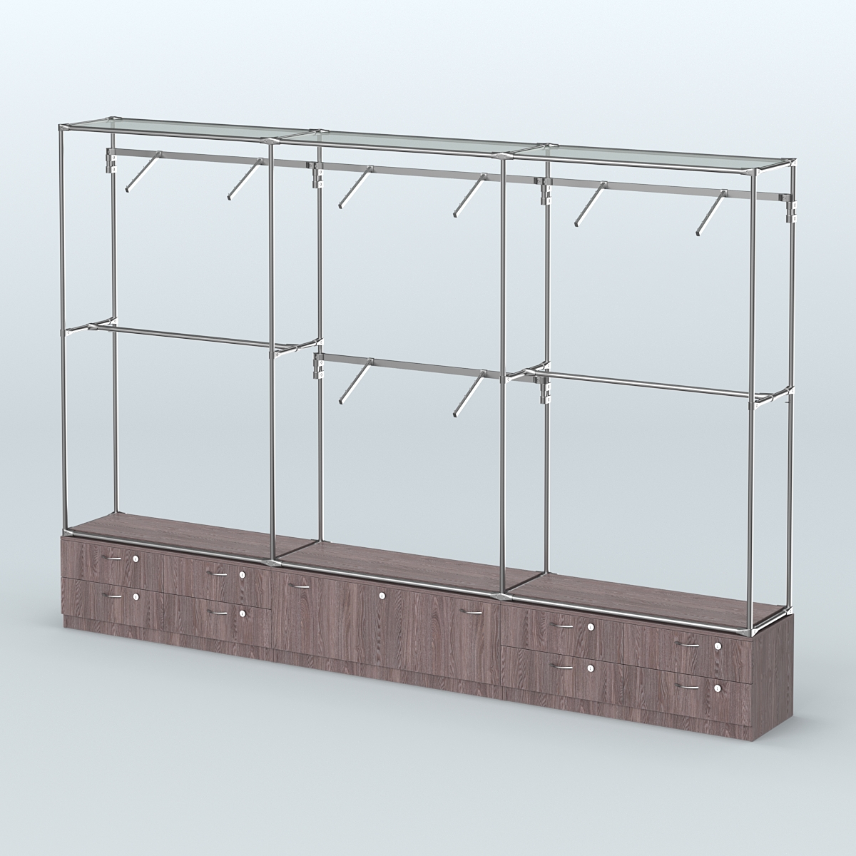 Торговая система ХРОМ без ДСП 3600 мм №6 с тумбами Т-11, Т-14 и поручнями Ясень Анкор темный