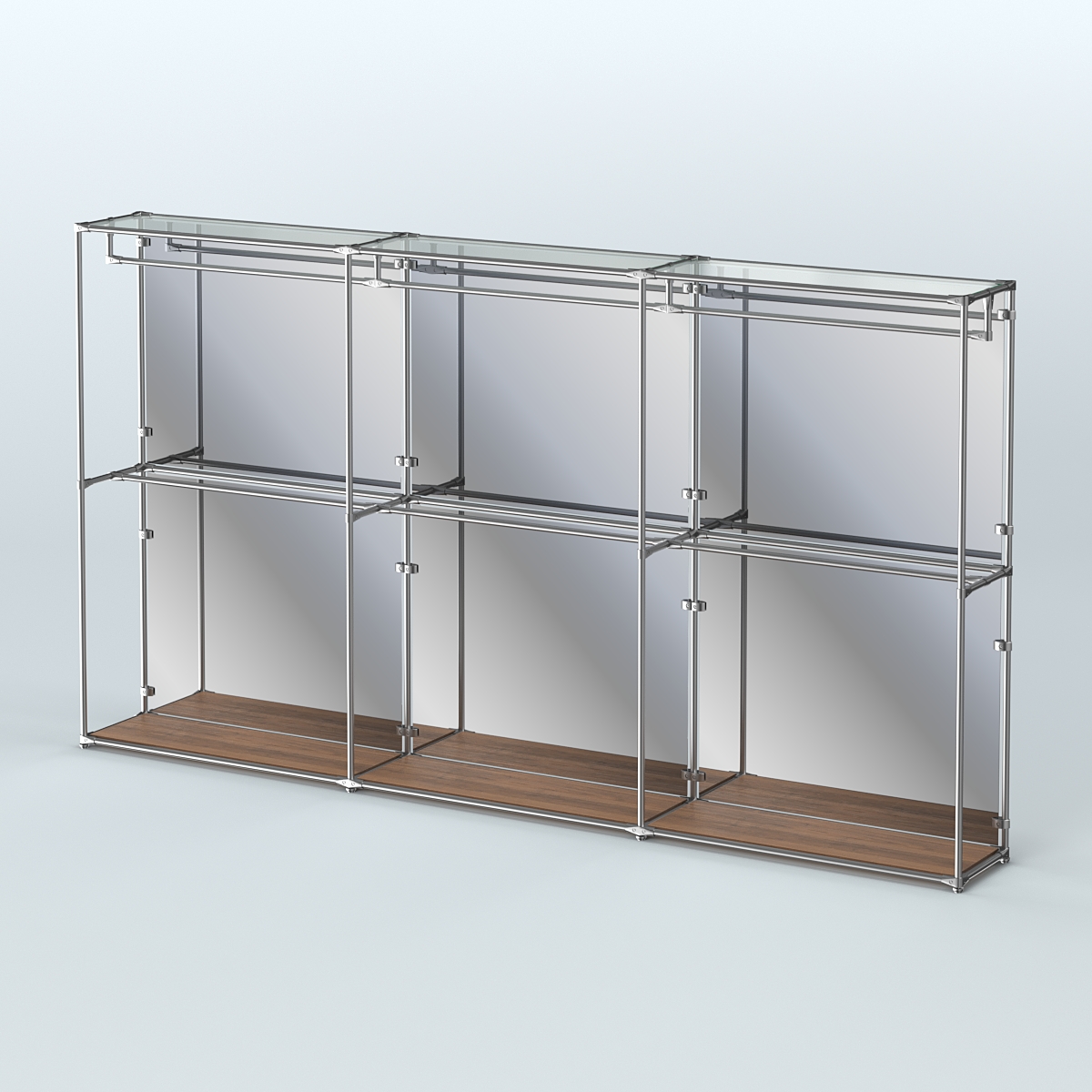 Торговая система ХРОМ (задняя стенка - зеркало) 3600 мм с поручнями №1 Орех