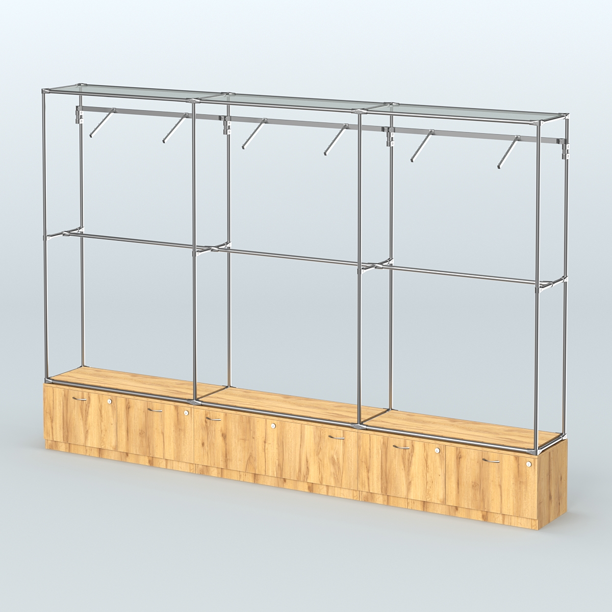 Торговая система ХРОМ без ДСП 3600 мм №7 с тумбами Т-15, Т-11 и поручнями Дуб Золотистый