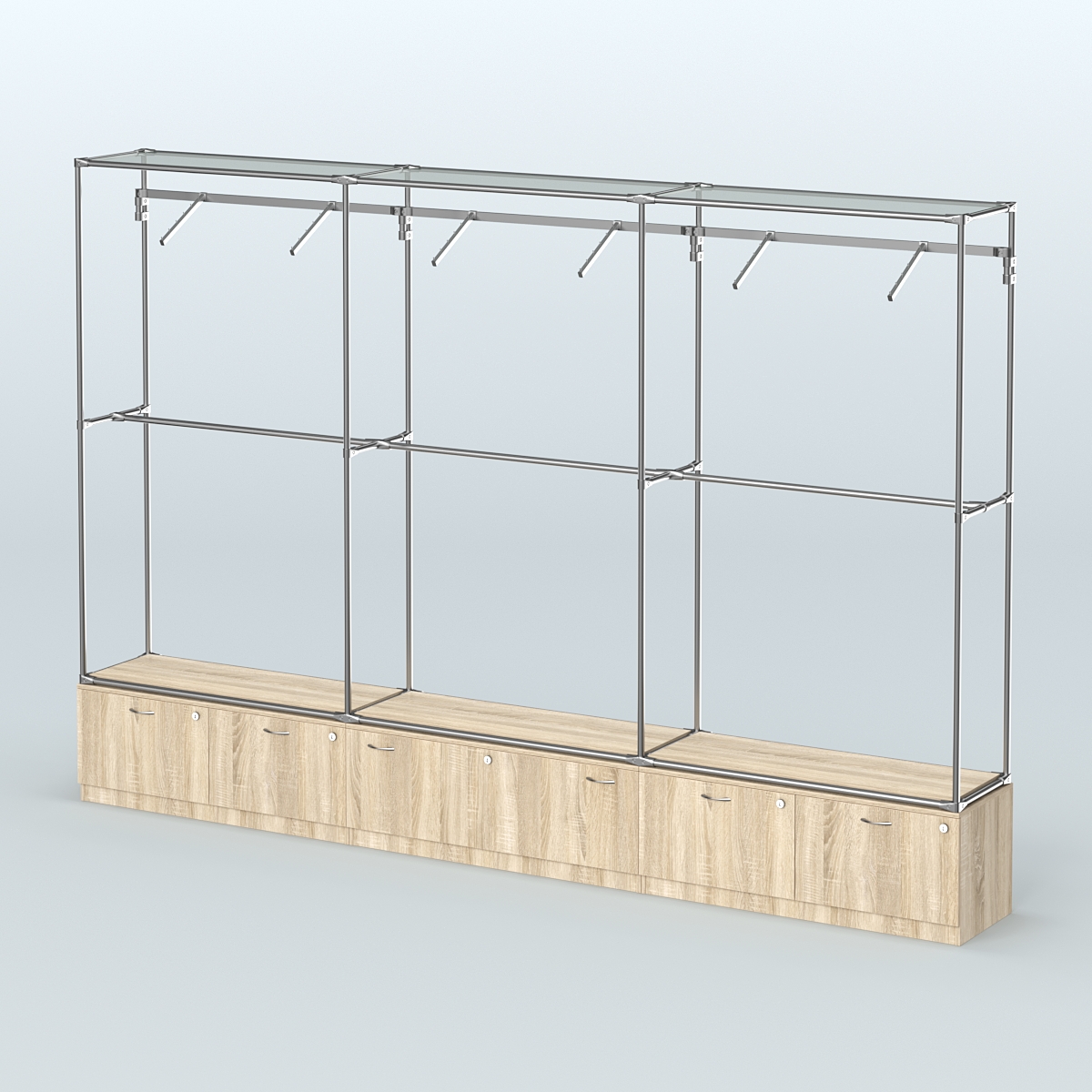 Торговая система ХРОМ без ДСП 3600 мм №7 с тумбами Т-15, Т-11 и поручнями Дуб Сонома