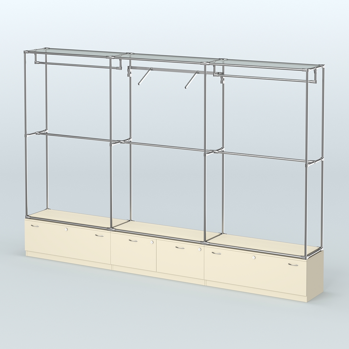 Торговая система ХРОМ без ДСП 3600 мм №8 с тумбами Т-11, Т-15 и поручнями Крем Вайс