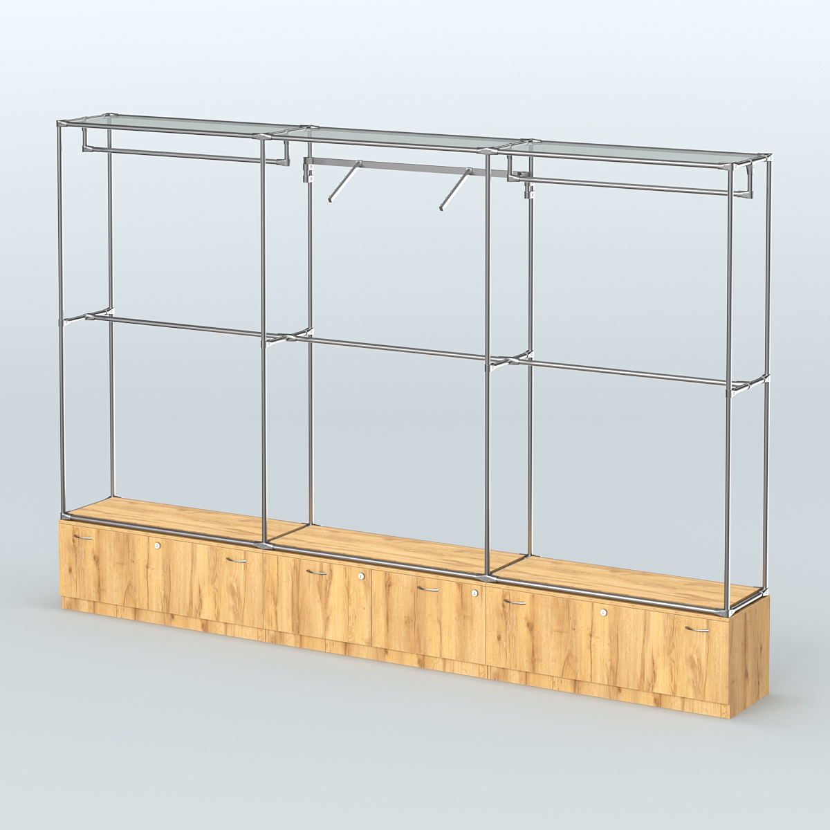 Торговая система ХРОМ без ДСП 3600 мм №8 с тумбами Т-11, Т-15 и поручнями Дуб Золотистый