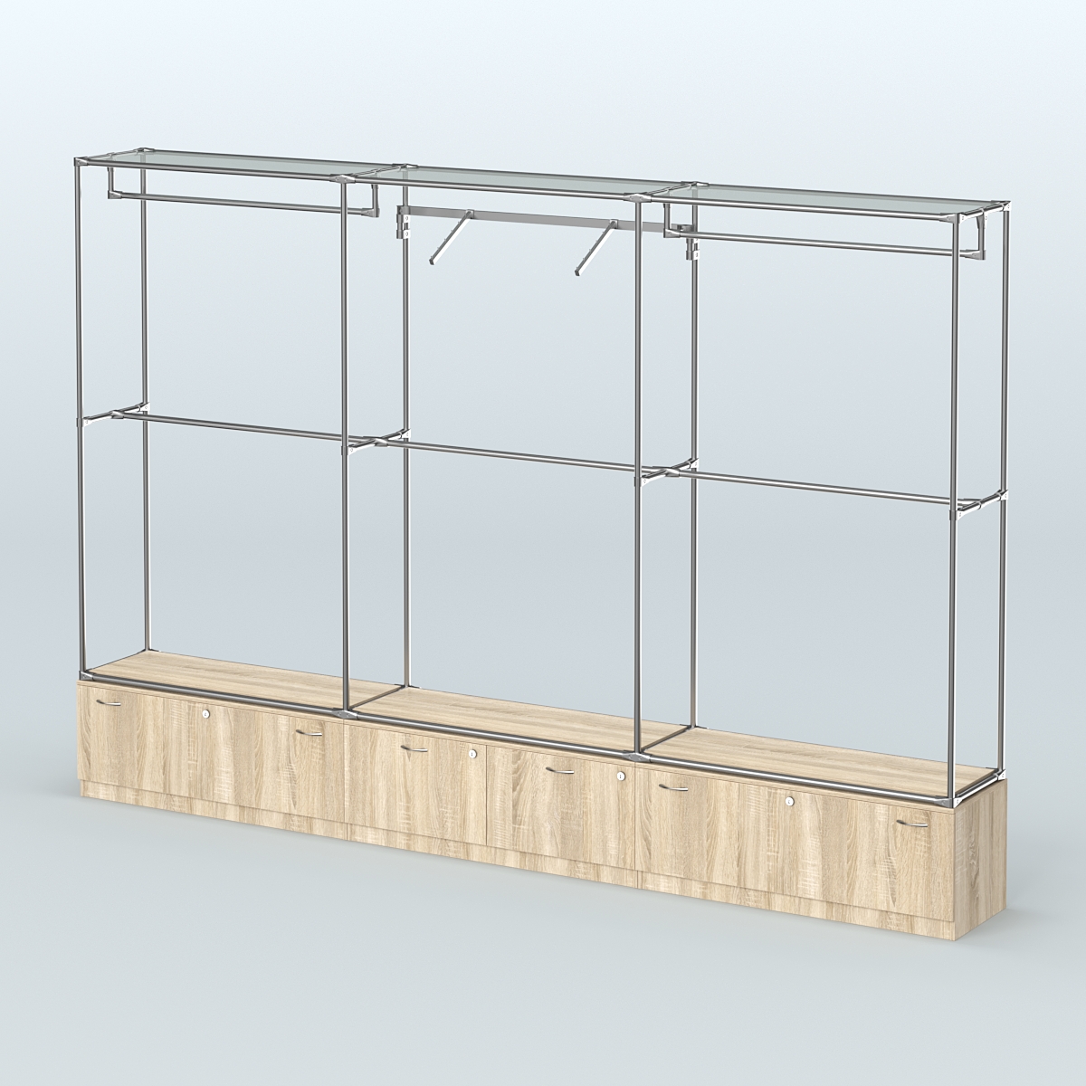 Торговая система ХРОМ без ДСП 3600 мм №8 с тумбами Т-11, Т-15 и поручнями Дуб Сонома