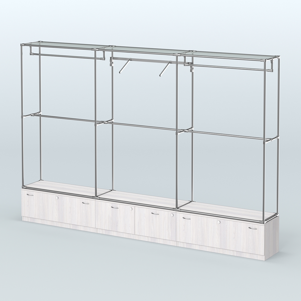 Торговая система ХРОМ без ДСП 3600 мм №8 с тумбами Т-11, Т-15 и поручнями Ясень Анкор светлый