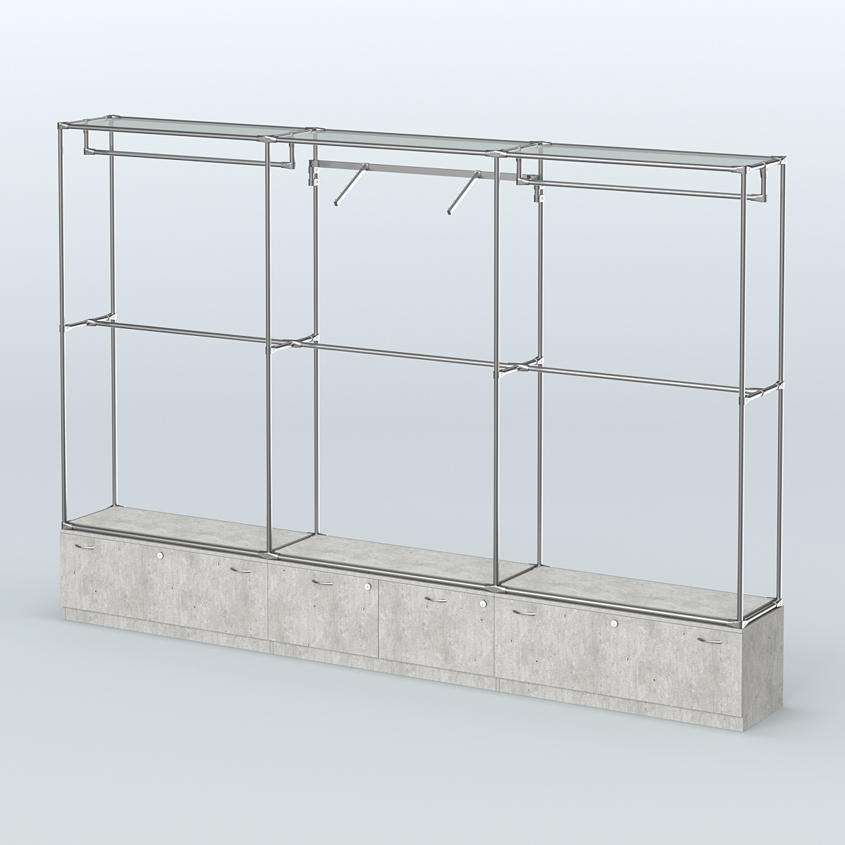 Торговая система ХРОМ без ДСП 3600 мм №8 с тумбами Т-11, Т-15 и поручнями Метрополитан Грей