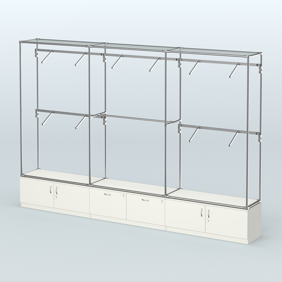 Торговая система ХРОМ без ДСП 3600 мм №9 с тумбами Т-21, Т-15 и поручнями Белый