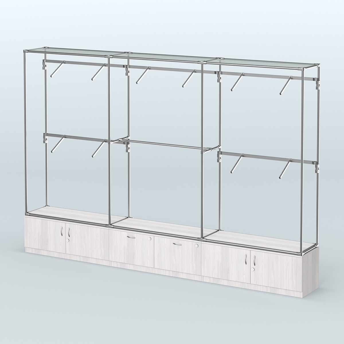 Торговая система ХРОМ без ДСП 3600 мм №9 с тумбами Т-21, Т-15 и поручнями Ясень Анкор светлый