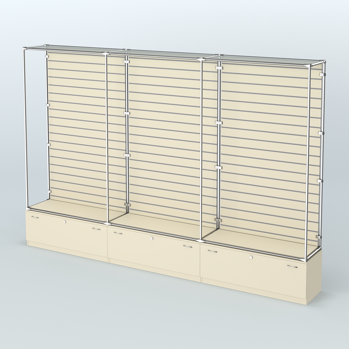 Торговая система ХРОМ (задняя стенка - Экономпанель) №8 с тумбами Т-11 Крем Вайс