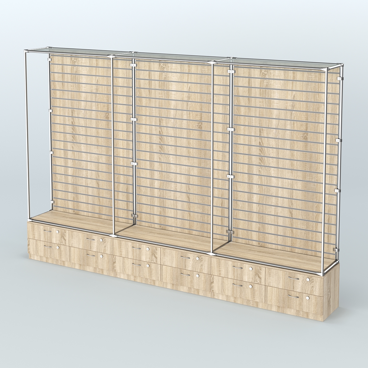 Торговая система ХРОМ (задняя стенка - Экономпанель) №9 с тумбами Т-14 Дуб Сонома