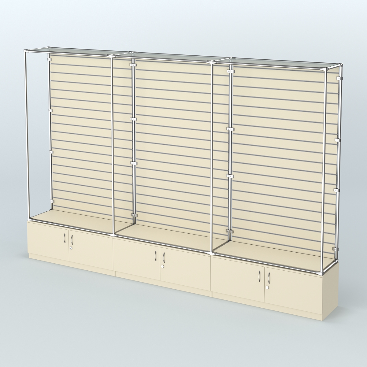 Торговая система ХРОМ (задняя стенка - Экономпанель) №11 с тумбами Т-21 Крем Вайс