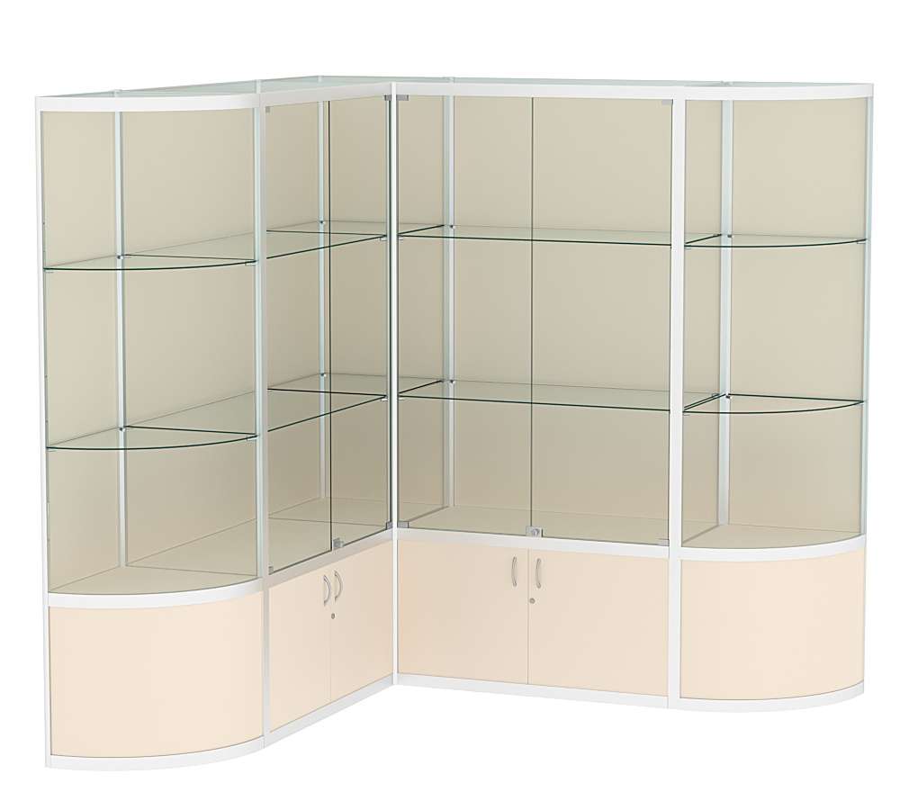 Витрина из профиля в угол зала с секторами №2 (задняя стенка - ДВП) Крем Вайс