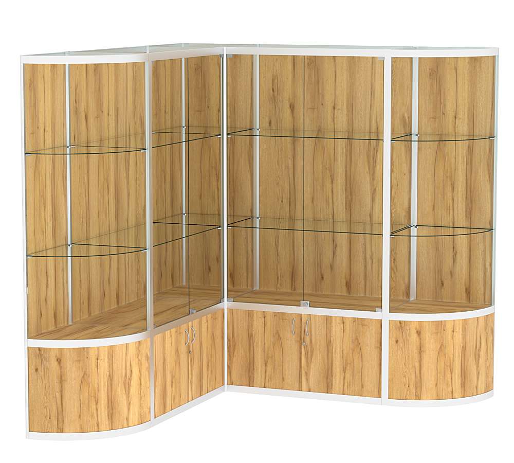 Витрина из профиля в угол зала с секторами №2 (задняя стенка - ДВП) Дуб Золотистый