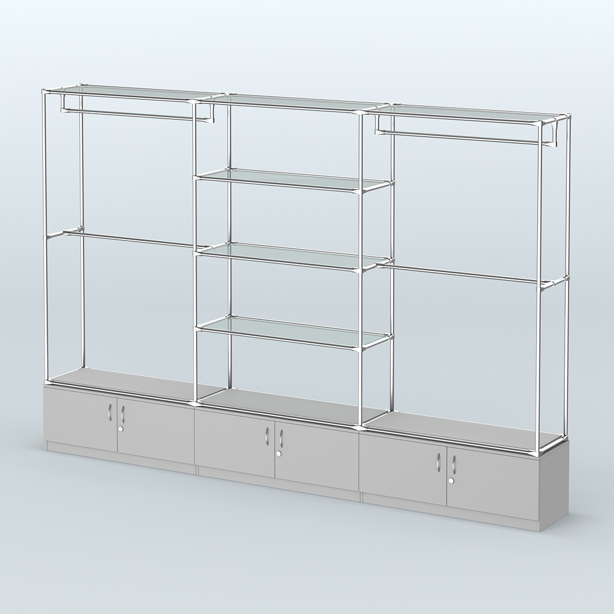 Торговая система ХРОМ без ДСП 3600 мм с тумбами Т21, прозрачными полками и поручнями №2 Серый