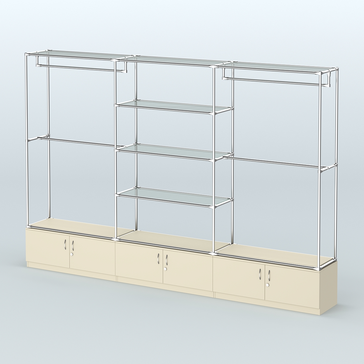 Торговая система ХРОМ без ДСП 3600 мм с тумбами Т21, прозрачными полками и поручнями №2 Крем Вайс