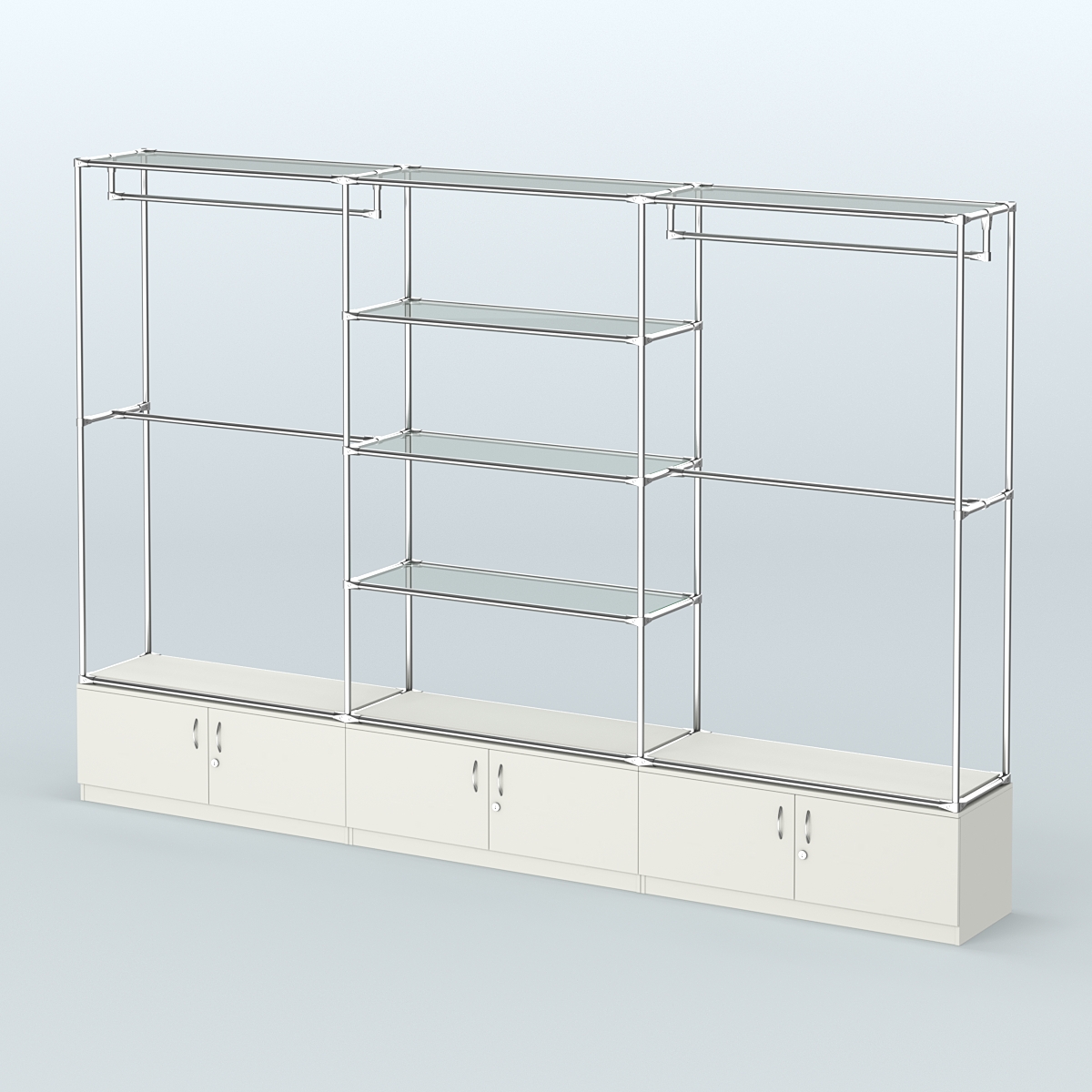 Торговая система ХРОМ без ДСП 3600 мм с тумбами Т21, прозрачными полками и поручнями №2 Белый