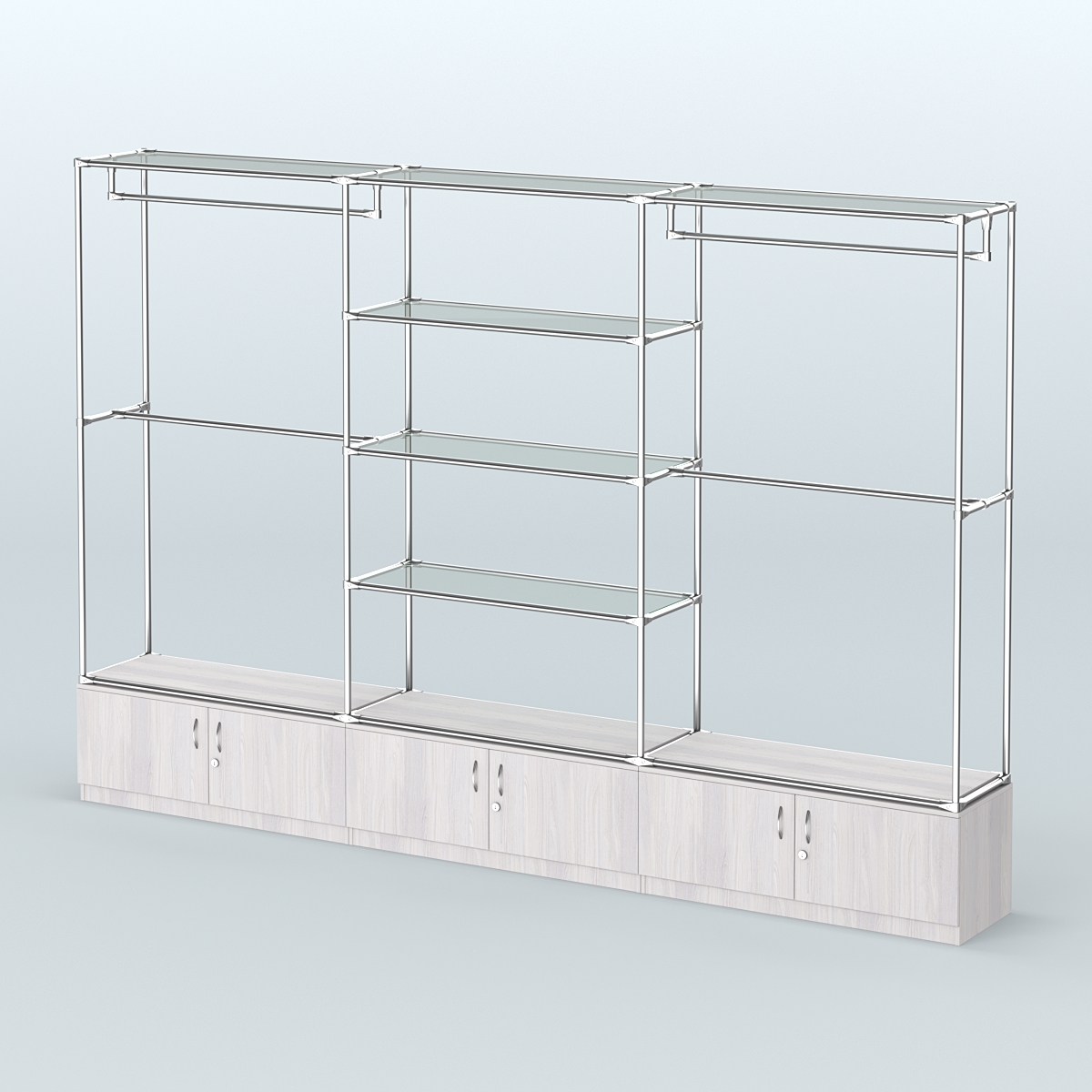 Торговая система ХРОМ без ДСП 3600 мм с тумбами Т21, прозрачными полками и поручнями №2 Ясень Анкор светлый