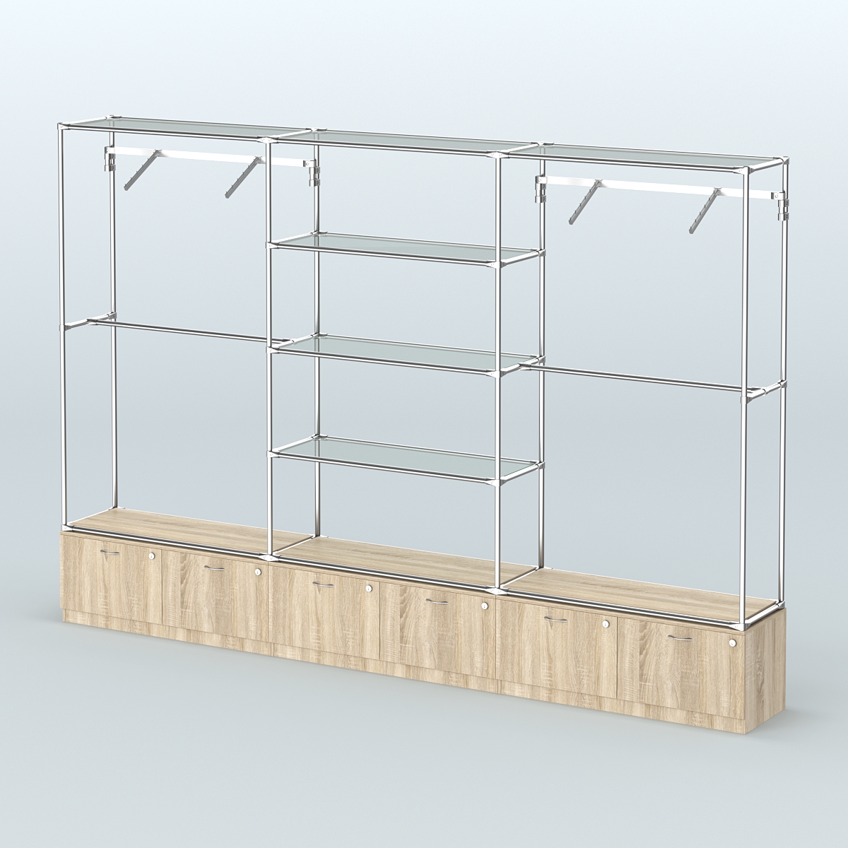 Торговая система ХРОМ без ДСП 3600 мм с тумбами Т15, прозрачными полками и поручнями №6 Дуб Сонома