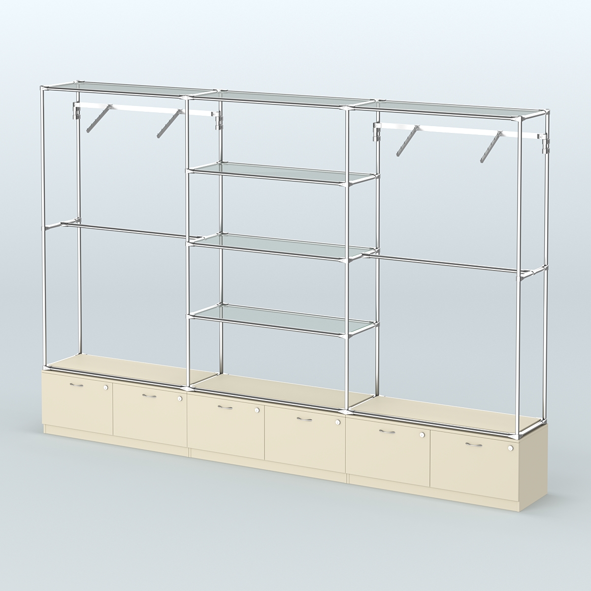 Торговая система ХРОМ без ДСП 3600 мм с тумбами Т15, прозрачными полками и поручнями №6 Крем Вайс