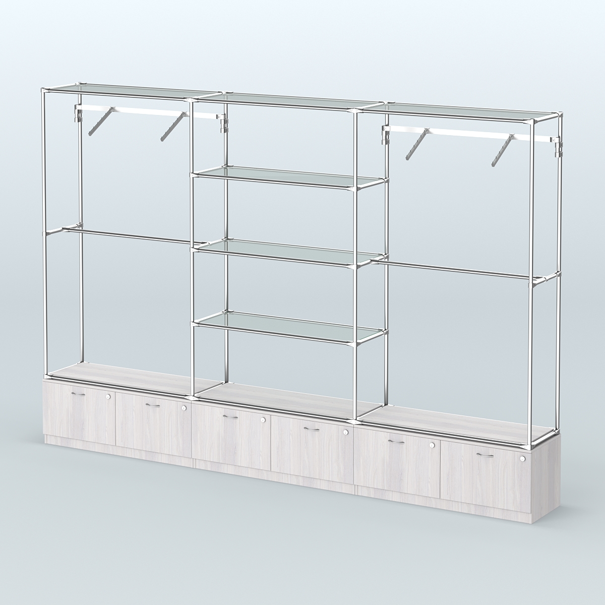 Торговая система ХРОМ без ДСП 3600 мм с тумбами Т15, прозрачными полками и поручнями №6 Ясень Анкор светлый