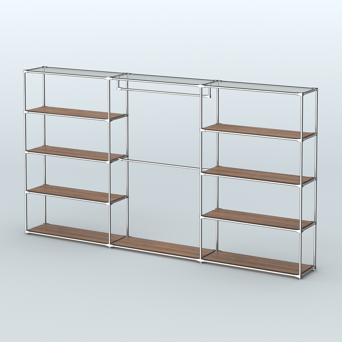 Торговая система ХРОМ без ДСП 3600 мм с полками ДСП и поручнями №1 Орех