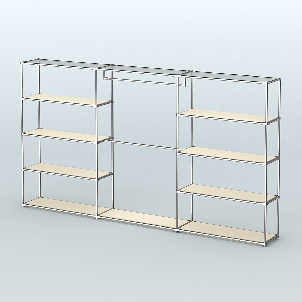 Торговая система ХРОМ без ДСП 3600 мм с полками ДСП и поручнями №1 Крем Вайс