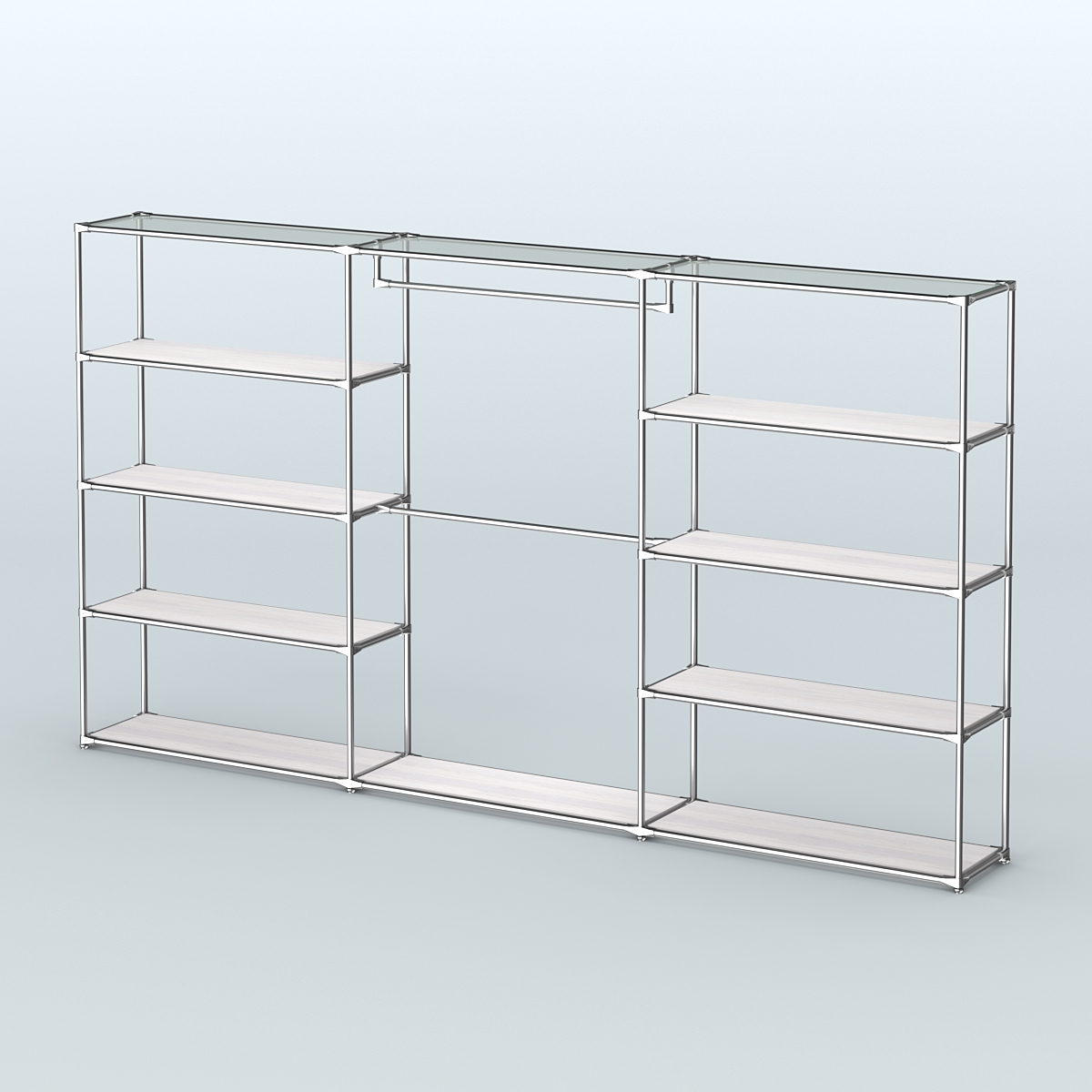 Торговая система ХРОМ без ДСП 3600 мм с полками ДСП и поручнями №1 Ясень Анкор светлый