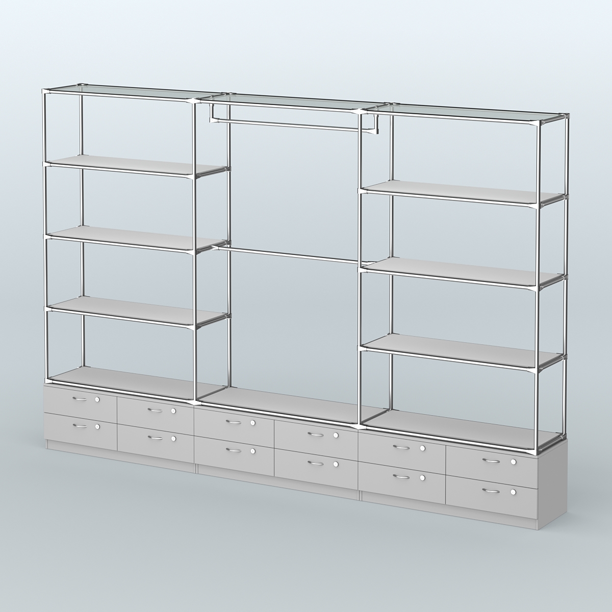 Торговая система ХРОМ без ДСП 3600 мм с тумбами Т14, полками ДСП и поручнями №1 Серый